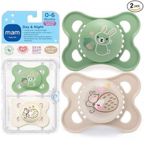 MAM Original Baby Pacifiers 0-6 Months, Binky for Newborn Babies, BPA-Free Skin Soft Silicone Nipple, Glows in The Dark, Developed with Medical Experts, 2 Count, Made in Europe