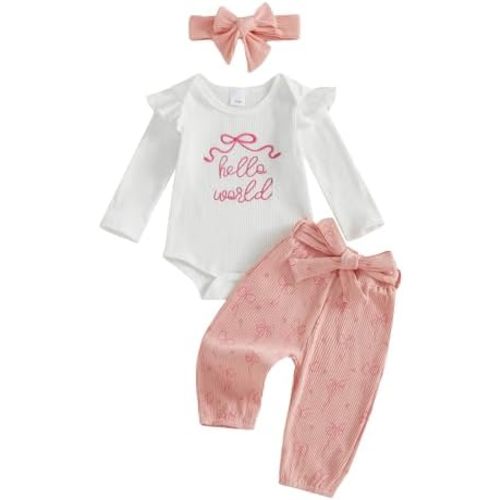 Twopumpkin Preemie Clothes Baby Girl Outfit Newborn Hello World Ribbed Romper Knitted Pants Headband Coming Home Outfits