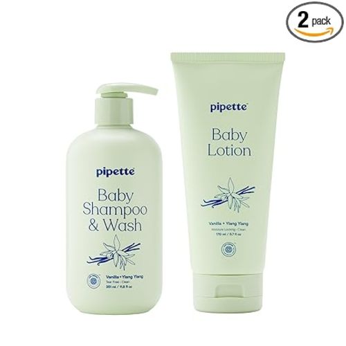 Pipette Vanilla + Ylang Ylang Wash and Lotion Duo, Pack of 2, Clean, Includes Baby Body Wash and Lotion for Newborns and Kids, Tear-Free Bath Time, Baby Bath and Newborn Essentials, Non-toxic