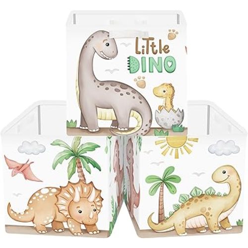 Clastyle Dinosaurs Storage Cube Organizer Set Plants Closet Clothes Cube with Metal Frame Foldable Parents Organizer Storage Basket for Book Toy,Brown,11.8x11.8x11.8 in