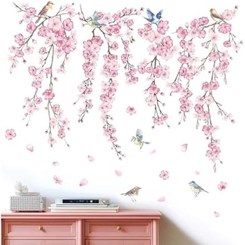 Cherry Blossom Wall Stickers for Bedroom: Peel and Stick Flower Bird Pink Floral Tree Branch Wall Decals - Living Room Office Bathroom