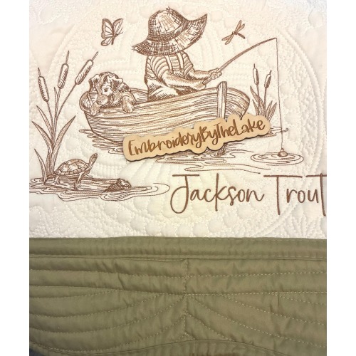 Fishing Baby Quilt: Embroidered Cotton Nursery Blanket