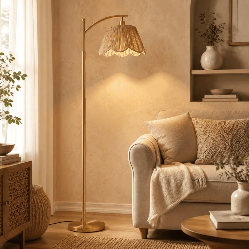 Laybasic Rattan Floor Lamp with Remote Control and Foot Pedal, Stepless Dimmable Boho Standing Lamp, Tall Gold Modern Tree Lamp for Living Room, Bedroom, Office Corner, 12W E26 Bulb Included