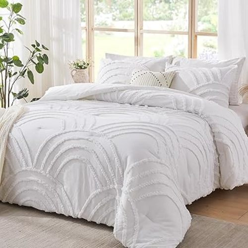 ENJOHOS White Comforter Twin Size, Boho Tufted Bedding Comforter Sets, Boho Chic Decor, Fluffy Jacquard Rainbow Bedding for All Season, 2 Pieces Lightweight Soft Farmhouse Bed Set