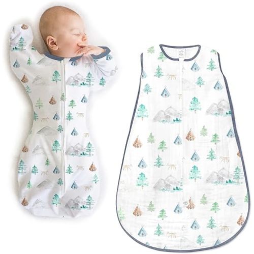 SwaddleDesigns Baby Sleep Sack Set, Mountain + Trees, 0-3 Mo Transitional Swaddle Sack with Arms Up Half-Length Sleeves & Mitten Cuffs and 0-6 Mo Cotton Muslin Wearable Blanket with 2-Way Zipper