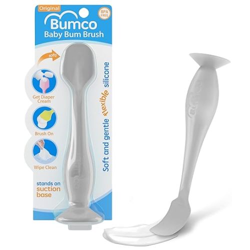 Bumco Baby Bum Brush - BPA-Free Diaper Cream Spatula with Suction Cup Base, Soft & Flexible Silicone, Wipe-Clean, Mom-Invented Diaper Bag Essentials (Gray)