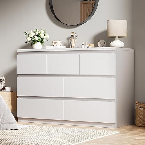 White 7 Drawer Dresser for Bedroom,Modern Wood Chest of Drawers,Closet Clothes Storage Organizer with Deep Drawers for Living Room Hallway Entryway,Nursery (15.3" D x 47.2" W x 32.3" H)