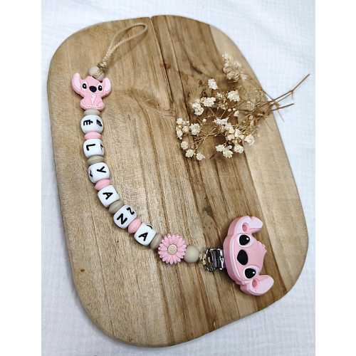 Personalized silicone pacifier clip STITCH ANGEL - Pink and beige - Personalized baby gift - French creations with first name