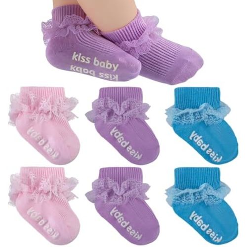 Baby Girl Ruffle Socks with Grips Turn Cuff Ankle Lace Frilly Dress Socks for Newborn/Infant/Toddler/Little Kids
