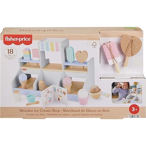 Fisher-Price Wood Pretend Play Toy Ice Cream Shop Set, 18-Piece Wooden Food Playset for Preschool Kids Ages 3+ Years