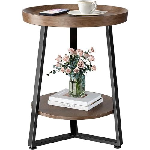 Round End Table, 2-Tier Tray Top Side Tables with Storage Shelf, Ultra Stable Coffee end Table/Nightstand, Modern Farmhouse Couch Table for Living Room, Bedroom, Bedside Stand or Small Spaces, Walnut