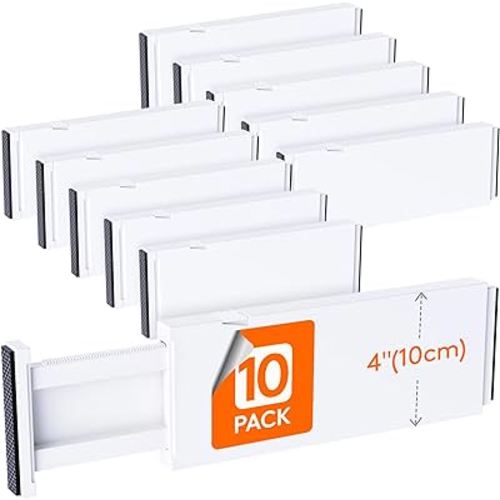 Lifewit 10 Pack Drawer Dividers Plastic 4" High, 11-17" Adjustable Drawer Organizers for Clothes, Expandable Dresser Separators in Bedroom/Bathroom/Kitchen/Office Organization and Storage, White