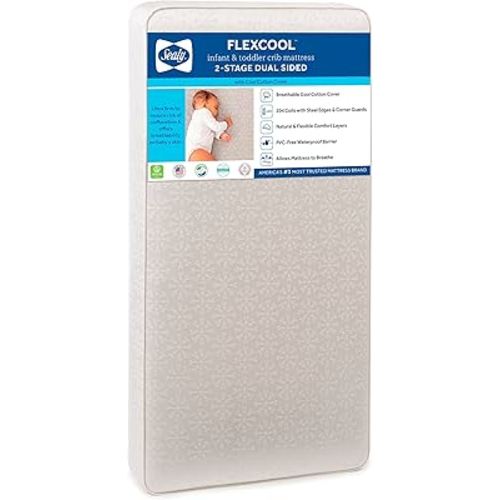 Sealy Baby Flex Cool 2 Stage Breathable Crib Mattress with Toddler Bed Fit, Waterproof & Airy Cotton Cover, 204 Premium Coils, GREENGUARD Gold Certified, Safety & Quality Tested, Made in USA, 52x28"