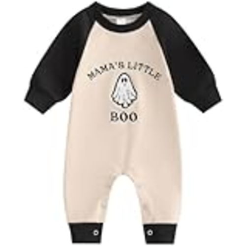 Newborn Baby Boy Halloween Outfit Mamas Little Boo Embroidery Romper Long Sleeve Ghost Bodysuit Jumpsuit 0-18M