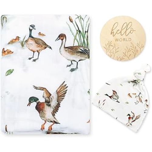 LifeTree Muslin Swaddle Blankets, Muslin Baby Boy Swaddle Blanket and Hat Set with Birth Announcement Card, Newborn Unisex Receiving Blankets Mallard Duck