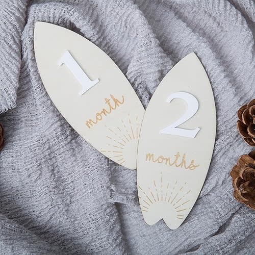 Wooden Surfboard Baby Milestone Cards, Beach Milestone Sign, Tropical Baby Sign, 1-12 Months Interchangeable Monthly Milestone Sign, Baby Announcement Sign