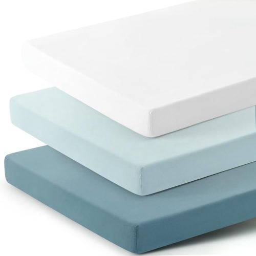 GRSSDER Mini Crib Sheets Fitted, Pack and Play Sheets 3 Pack, Ultra Soft Stretchy Pack N Play Sheets, Universal Fit for Playard Mattress, Jersey Crib Sheets Neutral for Boys and Girls, Blue