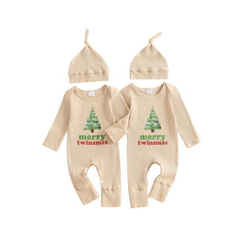 BemeyourBBs Baby Twins Christmas Outfits Tree Print Jumpsuit with Hat Set