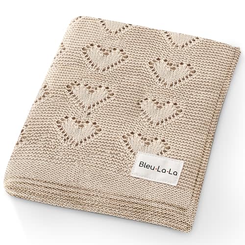 Bleu La La 100% Luxury Cotton Heart Swaddle Knit Baby Blanket for Girls and Boys - Soft Warm Cozy Swaddling Receiving Stroller Crib Blanket for Newborns Infants & Toddlers (Oatmeal, 0-2 Years)