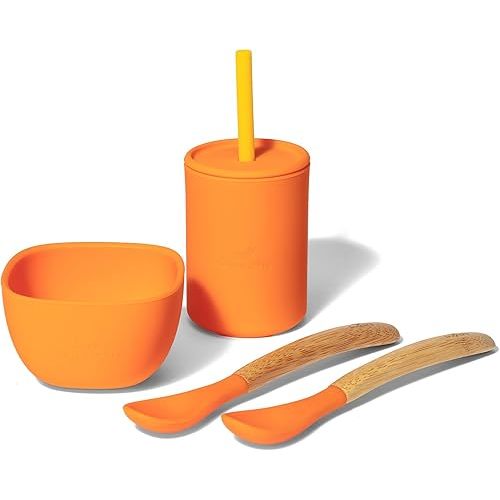 Avanchy Silicone La Petite Essential Collections Gift Set Orange - Includes Mini Silicone Bowl, Silicone Cup, and Bamboo Baby and Infant Spoons - Baby Food Set - Baby Shower Gifts