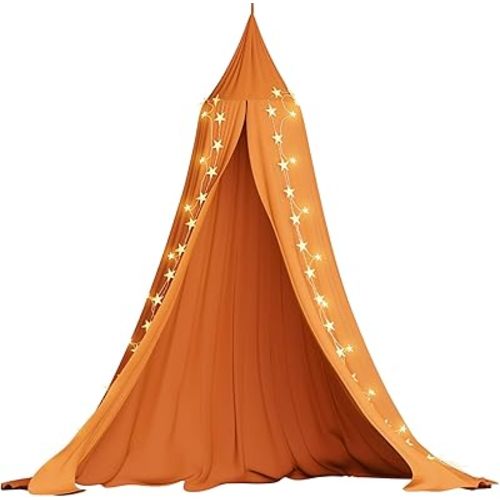 Frideko Bed Canopy, Princess Gauze Mosquito Net+ USB Warm White Star Fairy String Lights & Yellow Star Flag for Playing Beach Home Nursery Hotel Kids Children Christmas Birthday Gifts (Burnt Orange)