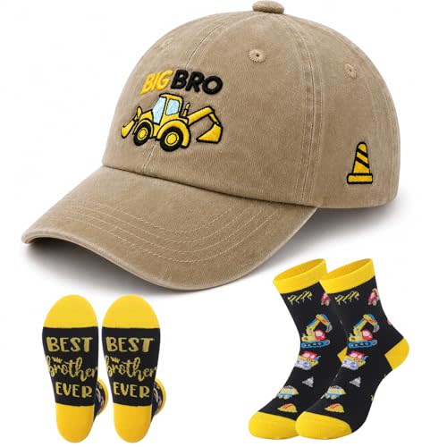 Promoted to Big Brother Gifts for Boy Toddler Big Bro Baseball Hat Socks | 1 Big Brother Baseball Hat Toddler with Excavator Design 1 Pair Baby Boy Tractor Socks Light Khaki