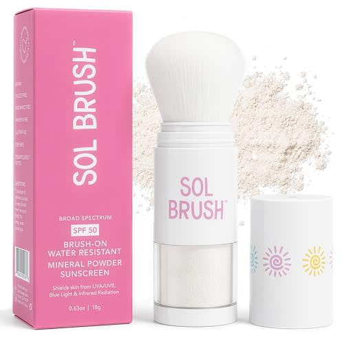 SPF 50 Mineral Sunscreen Powder, Broad Spectrum UVA/UVB Protection Sunscreen, Mess Free Brush On Applicator, Clean & Cruelty Free, Water Resistant (80 Minutes), White, Translucent
