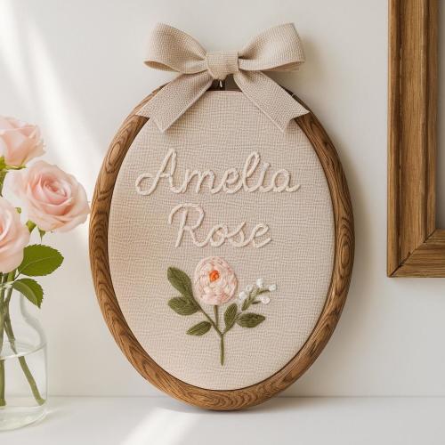 Personalized Oval Embroidery Hoop with Baby Floral: Baby Name Sign, Nursery Decor