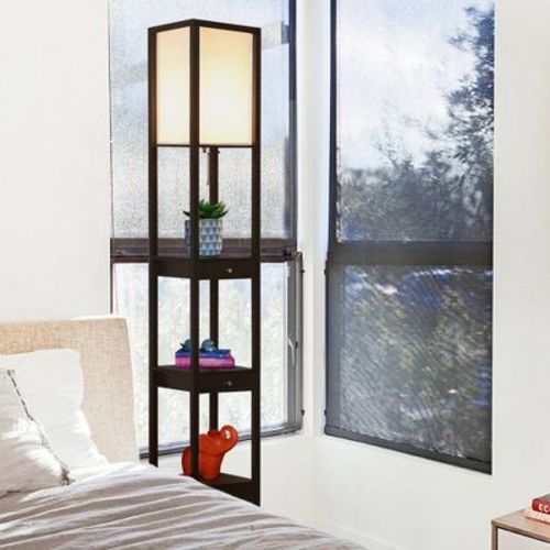 Brightech Maxwell Mid-Century (Includes LED Light Bulb) Column Shelf & Draweer Floor Lamp Polished Black Wood