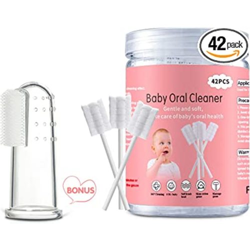 EASICUTI Baby Tongue Cleaner, 42Pcs Disposable Infant Toothbrush, Gauze Gum Cleaner Baby Oral Cleaning Stick Dental Care for 0-36 Months + Free 1 Finger Toothbrush