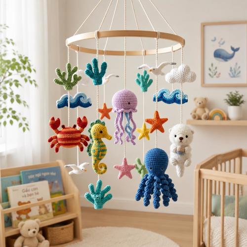 Ocean Baby Mobile: Handmade Crochet Sea Animals Nursery Decor – Whale, Octopus & Otter Crib Mobile, Neutral Coastal Baby Shower Gift
