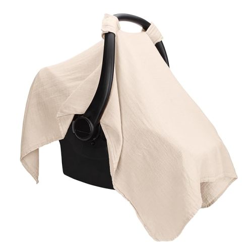 Comfy Cubs Baby Car Seat Cover - Soft, Breathable Bamboo Rayon and Muslin Cotton Blend - Lightweight Canopy for Sun, Bug, and Comfort Protection - Large Size Infant Seat Cover in Sand Design