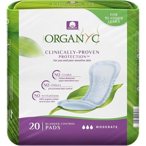 Organyc - 100% Organic Cotton Inside and Out Incontinence Pads for Bladder Leaks - Certified Odor Control, FSA/HSA Eligible, Moderate Flow, Regular Absorbency, 20 Count…