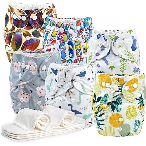 Wegreeco Cloth Diapers 6 Pack with Inserts, Washable Reusable Diapers for Babies, One Size Adjustable (Multicoloured Life)