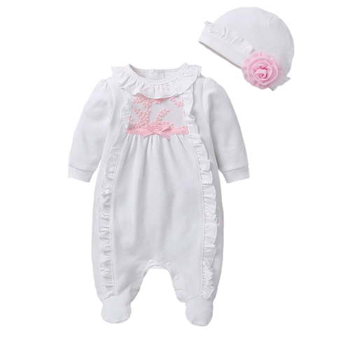 Springcmy 2Pcs Newborn Baby Girl Clothes 3D Flower Romper Jumpsuit Long Sleeve Ruffled Footie Bodysuit Hat Outfit Gifts Set White 0-2 Months