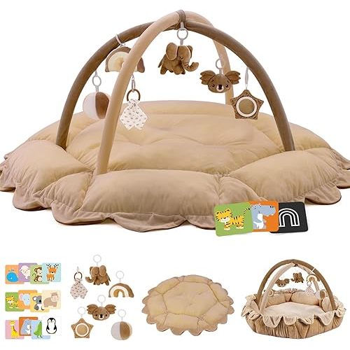 5-in-1 Baby Activity Gym & Play Mat with 6 Hanging Toys, Tummy Time Mat & Cards - Extra Large, Reversible Machine Washable Pad - Gift for Newborns, Infants 0-12 Months, Brown