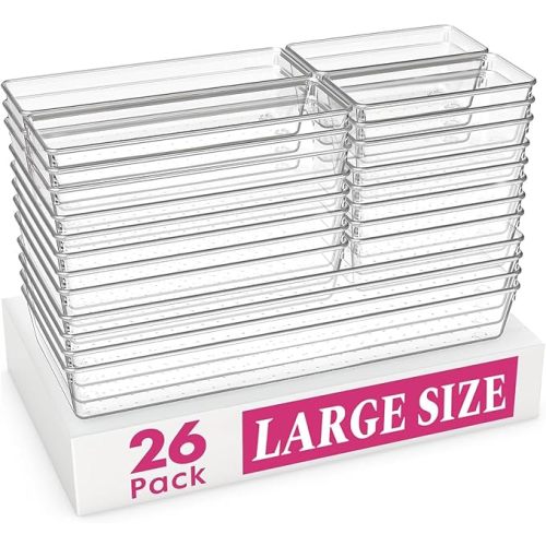 Large Drawer Organizer Bins 26 Pack | Complete 5 Size Clear Plastic Kitchen Drawer Organizers for Utensils | Bathroom Drawer Organizer Trays | Versatile for Makeup Office Organization