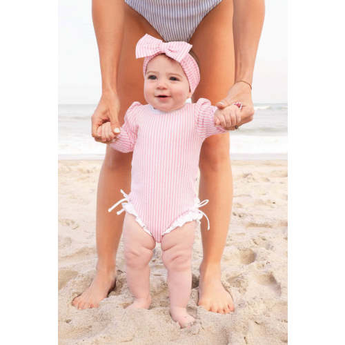 Long Sleeve Rash Guard with Ruffle Bottom | Seersucker Dusty Pink