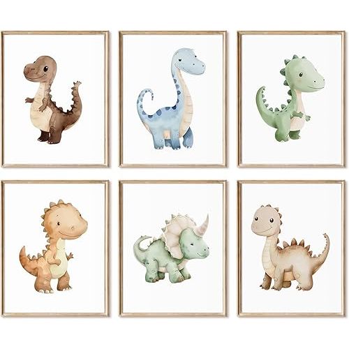 Dinosaur Nursery Wall Art Kids Canvas Poster baby Boy Nursery Wall Decor Watercolor Dino Prints Toddler Pictures cute Dinosaur Themed Artwork painting for Boys Room Bedroom 8x10 Inch Unframed set of 6
