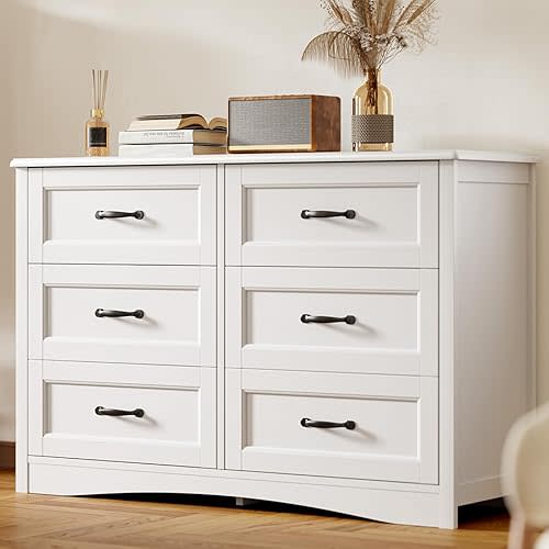Gizoon 6 Drawer Dresser for Bedroom，47'' Larger Chest of Drawers with Mental Handle for Kids Room, White Dresser with 6 Storage Drawers for Living Room, Entryway and Hallway, White