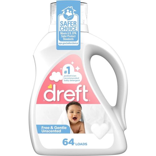 Dreft Free & Gentle Liquid Laundry Detergent, Free of Dyes and Perfumes for Families, 64 loads