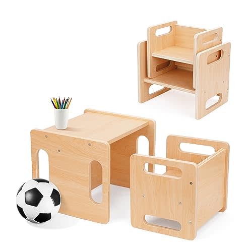 OOOK Montessori Weaning Table and Chair Set, Kids Activity Table and Chair Set with Fence for Read, Play Toys, Snack Time, Step Stool, 1-3 Year Old Kids Montessori Furniture
