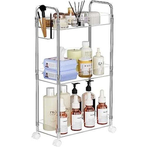 SPACEKEEPER 3 Tier Acrylic Storage Rolling Cart Clear Bathroom Cart Organizer, Transparency Laundry Room Organization Mobile Shelving Unit Multifunction Rolling Utility Cart for Office Living Room