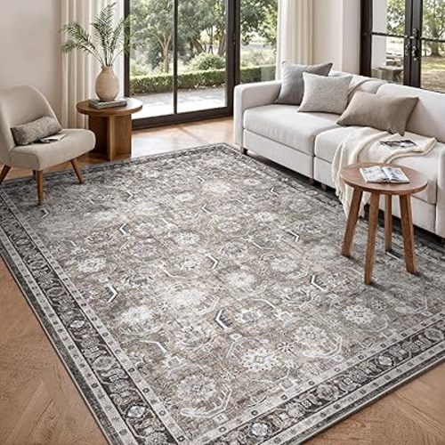 Living Room Rug 6x9, Soft Non Slip Low Pile Washable Rug, Boho Modern Area Rug for Bedroom, Dining Room, Brown