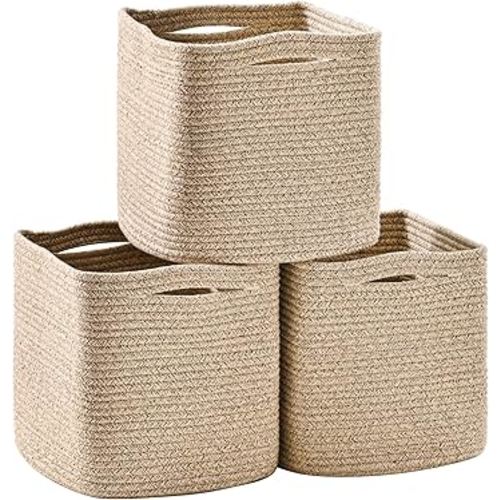 11 Inch Cube Storage Bins, Storage Cube Organizer Bins, Woven Cotton Rope Baskets for Storage, Storage Basket for Organizing Shelves, Square Baskets for Toys Nursery, Brown (Pack of 3)