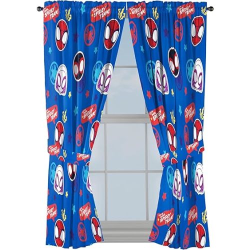 Jay Franco Cortinas de ventana para dormitorio de niños, juego de cortinas de 4 piezas con 2 alzapaños, azul, Spidey & His Amazing Friends, 42 pulgadas de ancho x 63 pulgadas de largo (paquete de 2)