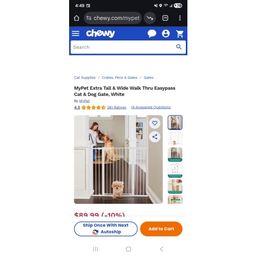 MyPet Extra Tall & Wide Walk Thru Easypass Cat & Dog Gate, White