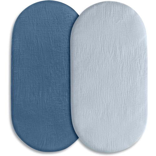 Muslin Bassinet Fitted Sheets 2 Pack, Soft Breathable Cotton Baby Bassinet Mattress Sheet Set, 360° Elastic Snug Fit, Uniersal for Oal, Rectangle & Hourglass Cradle, Baby Bedding (Bright Colors)