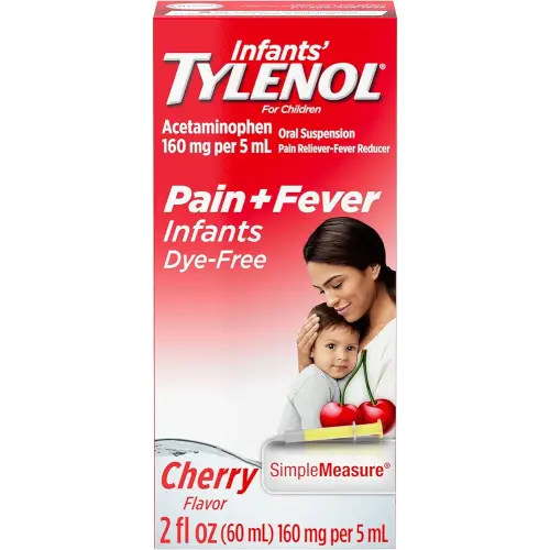 Infants' Tylenol Liquid Pain Reliever and Fever Reducer Medicine, Acetaminophen Oral Suspension for Sore Throat, Headache & Teething, Kids Fever Reducer; Dye-Free Cherry Flavor, 2 fl oz, Pack of 1