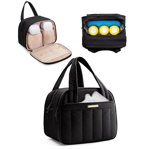 Marscamd Quilted Wearable Breast Pump Bag with Cooler Compartment | Wearable Pump Case Compatible with Momcozy and Most Brand Hands-Free Breast Pumps, Black